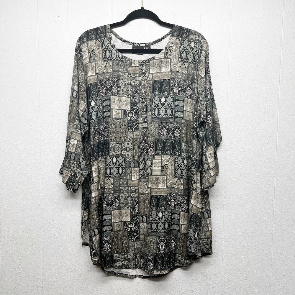 Anora Patchwork Womens Top 5XL Relaxed Lightweight Neutral Mature 1/2 Sleeve